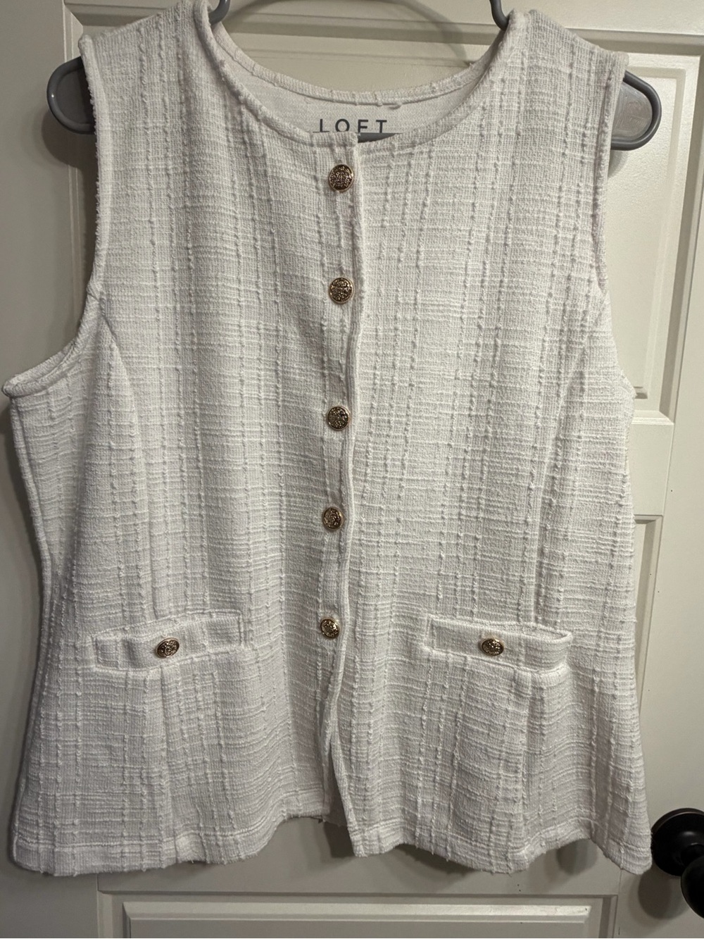 LOFT White Textured Tweed Sleeveless Button Front Vest